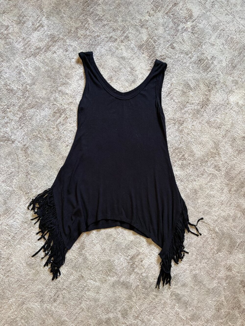 Black Fringe Asymmetric Hem Tank Top | Festival Boho Goth Western Tunic small